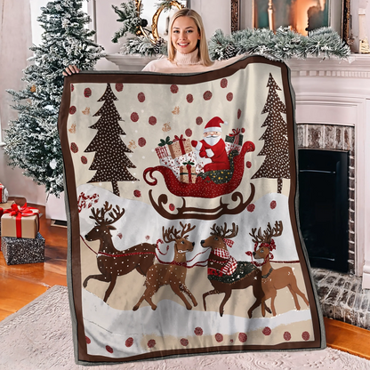Pajabear Fleece Blanket Cozy Santa Claus With Reindeer Pulling His Sleigh Full Of Gifts