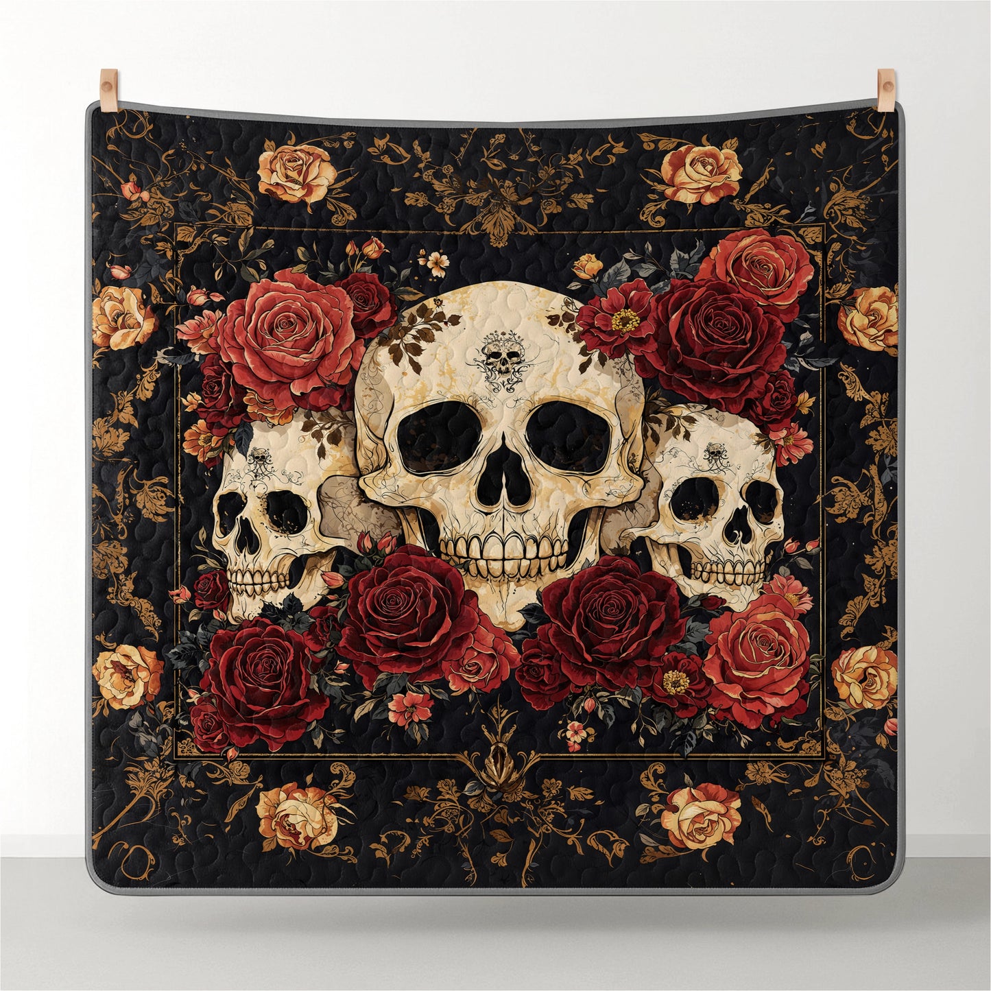 Pajabear Quilt 3-Piece Set Gothic Night Rose Skulls
