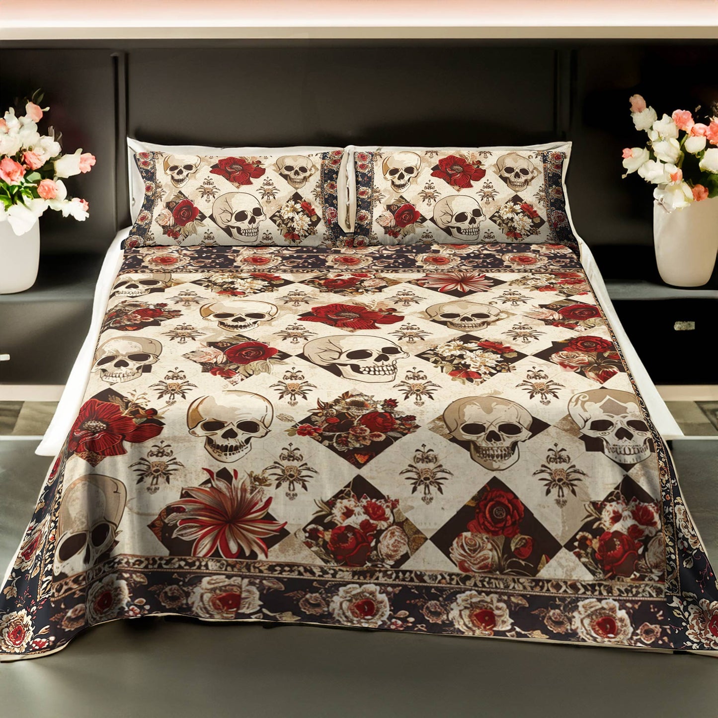 Pajabear 4-Piece Bed Sheet Set Elegent Skull Roses