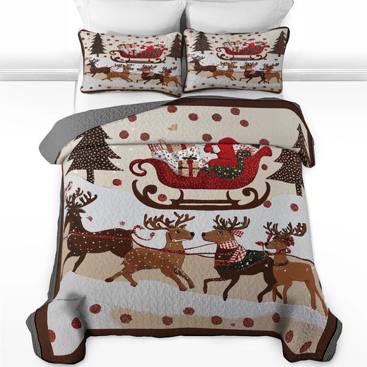 Pajabear Quilt 3-Piece Set Cozy Santa Claus With Reindeer Pulling His Sleigh Full Of Gifts