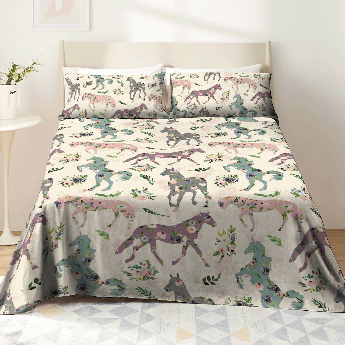 Pajabear 4-Piece Bed Sheet Set Floral Horses