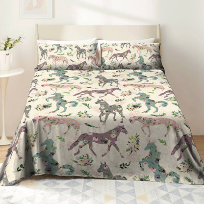Pajabear 4-Piece Bed Sheet Set Floral Horses