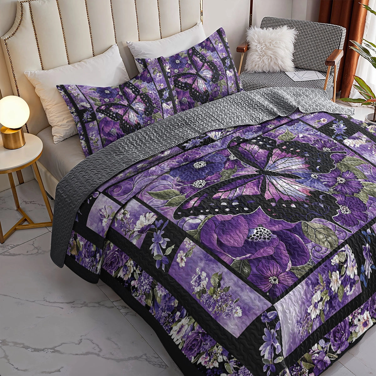 Pajabear Quilt 3-Piece Set Gorgeous Purple Butterfly Flowers