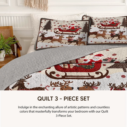 Pajabear Quilt 3-Piece Set Cozy Santa Claus With Reindeer Pulling His Sleigh Full Of Gifts