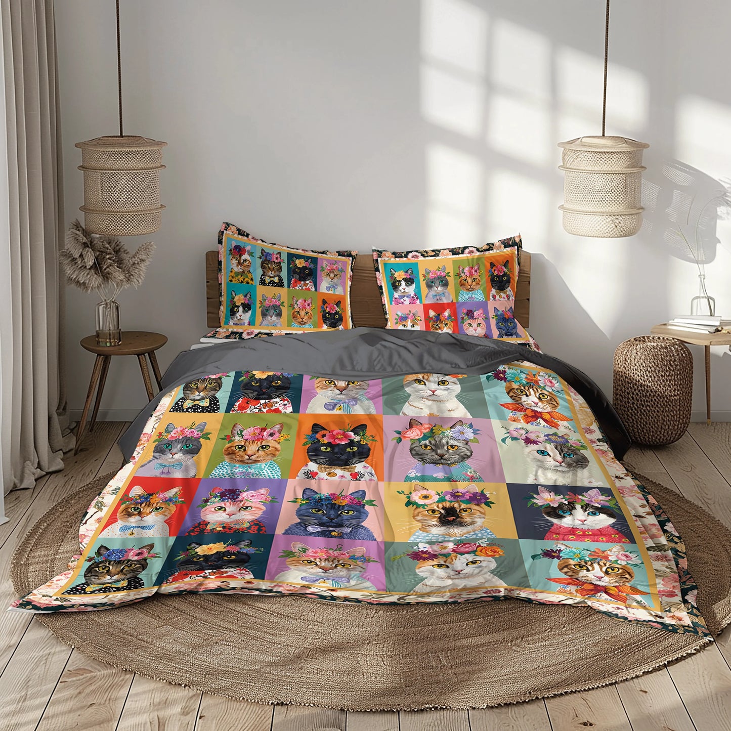 Pajabear 3 Pieces Duvet Cover Set Floral Cat Fantasy
