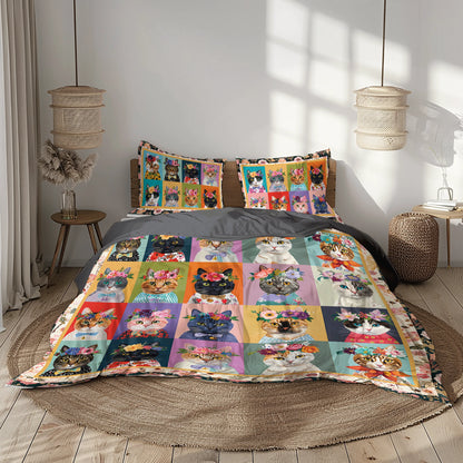 Pajabear 3 Pieces Duvet Cover Set Floral Cat Fantasy