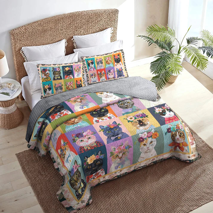 Pajabear Quilt 3-Piece Set Floral Cat Fantasy