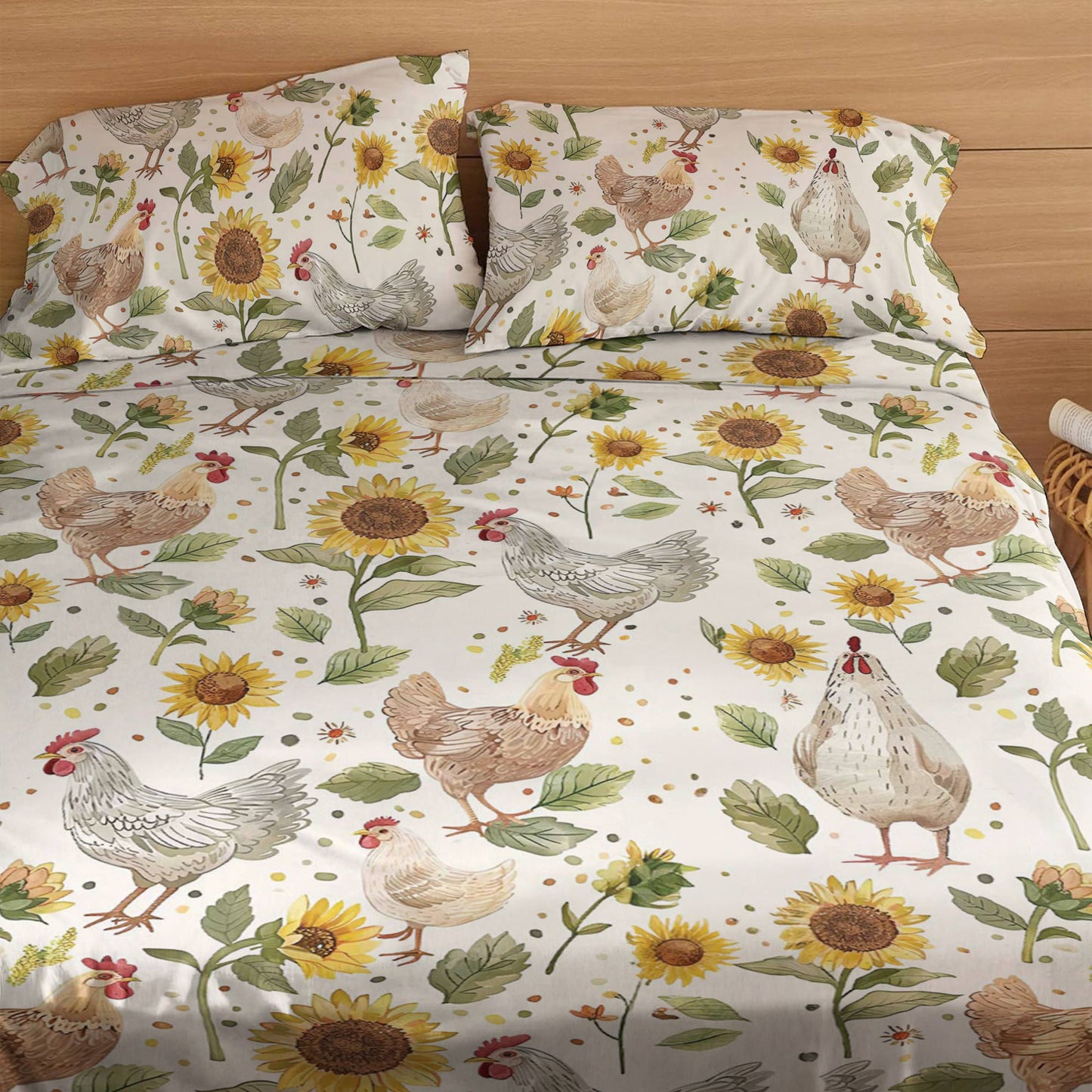 Pajabear 4-Piece Bed Sheet Set Sunflower Chickens