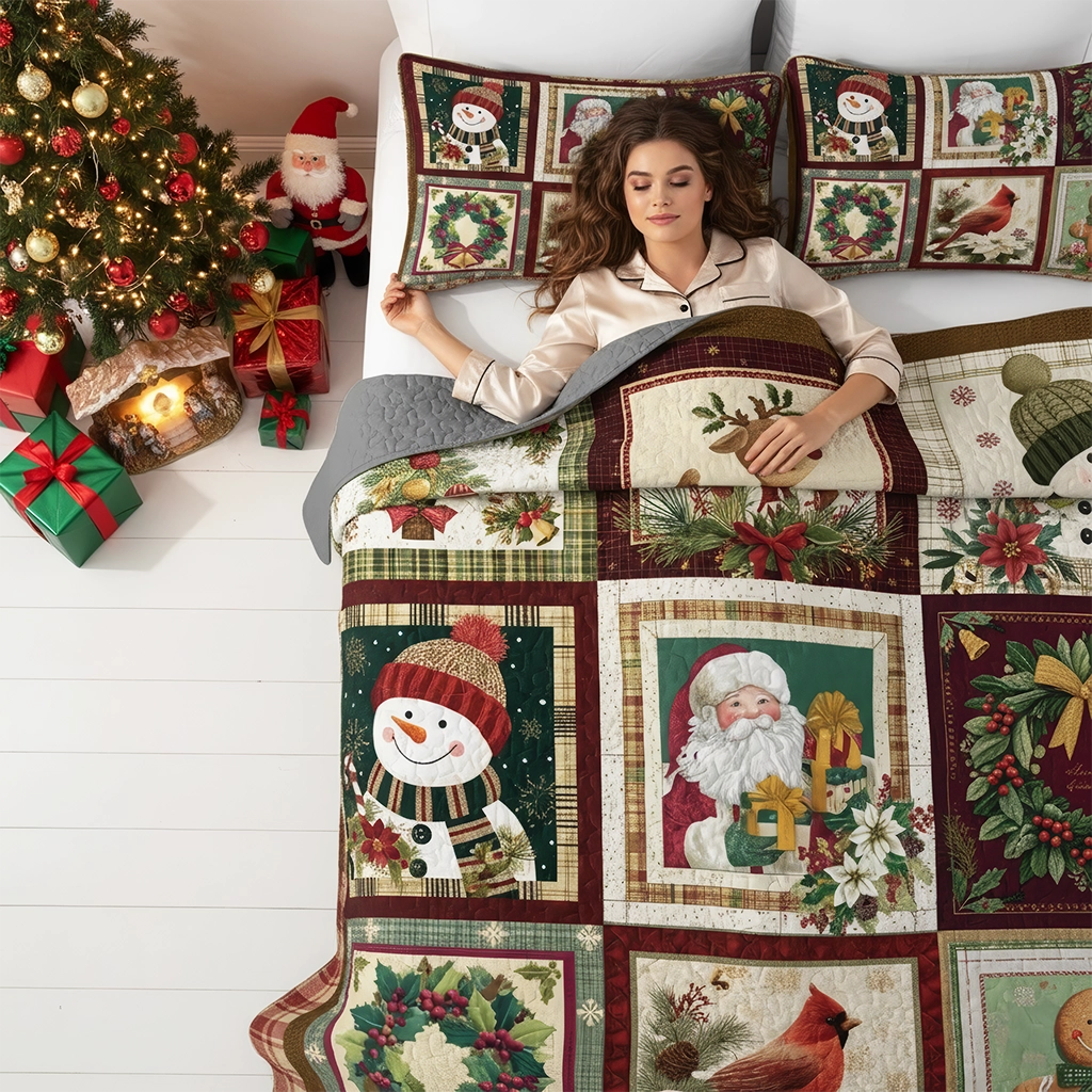 Pajabear Quilt 3-Piece Set Vintage Christmas Joy