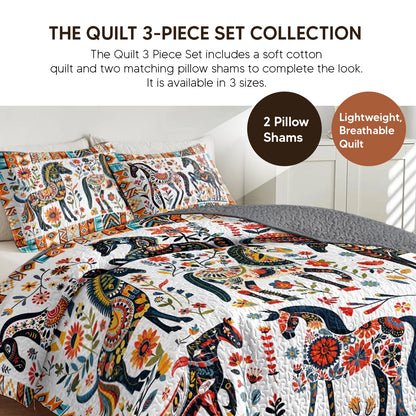 Pajabear Quilt 3-Piece Set Horse Floral Pattern