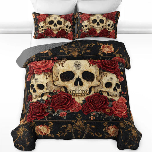 Pajabear Quilt 3-Piece Set Gothic Night Rose Skulls