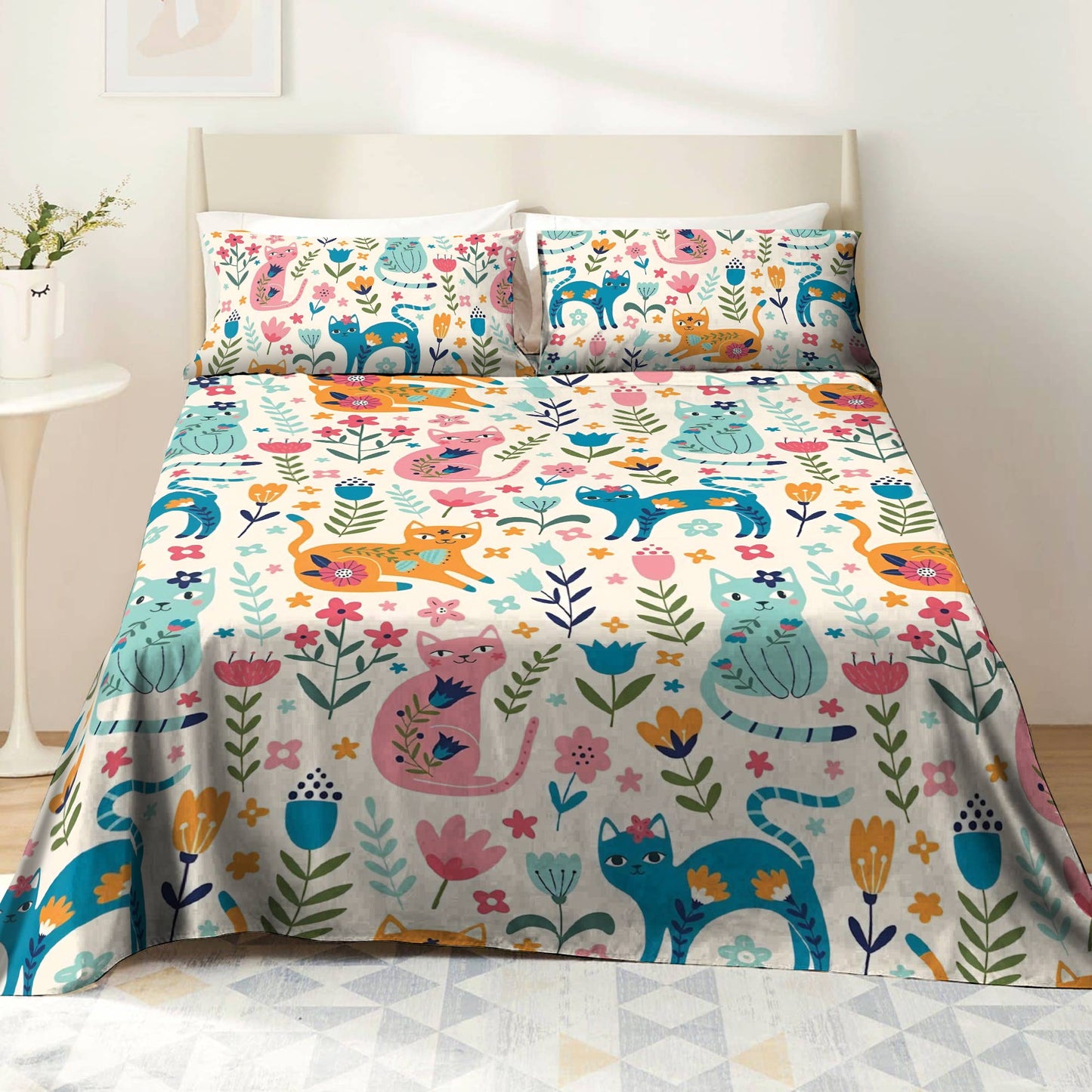 Pajabear 4-Piece Bed Sheet Set Floral Cats