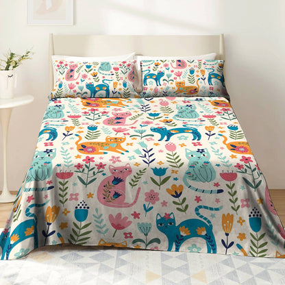 Pajabear 4-Piece Bed Sheet Set Floral Cats