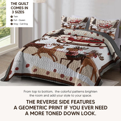 Pajabear Quilt 3-Piece Set Cozy Santa Claus With Reindeer Pulling His Sleigh Full Of Gifts