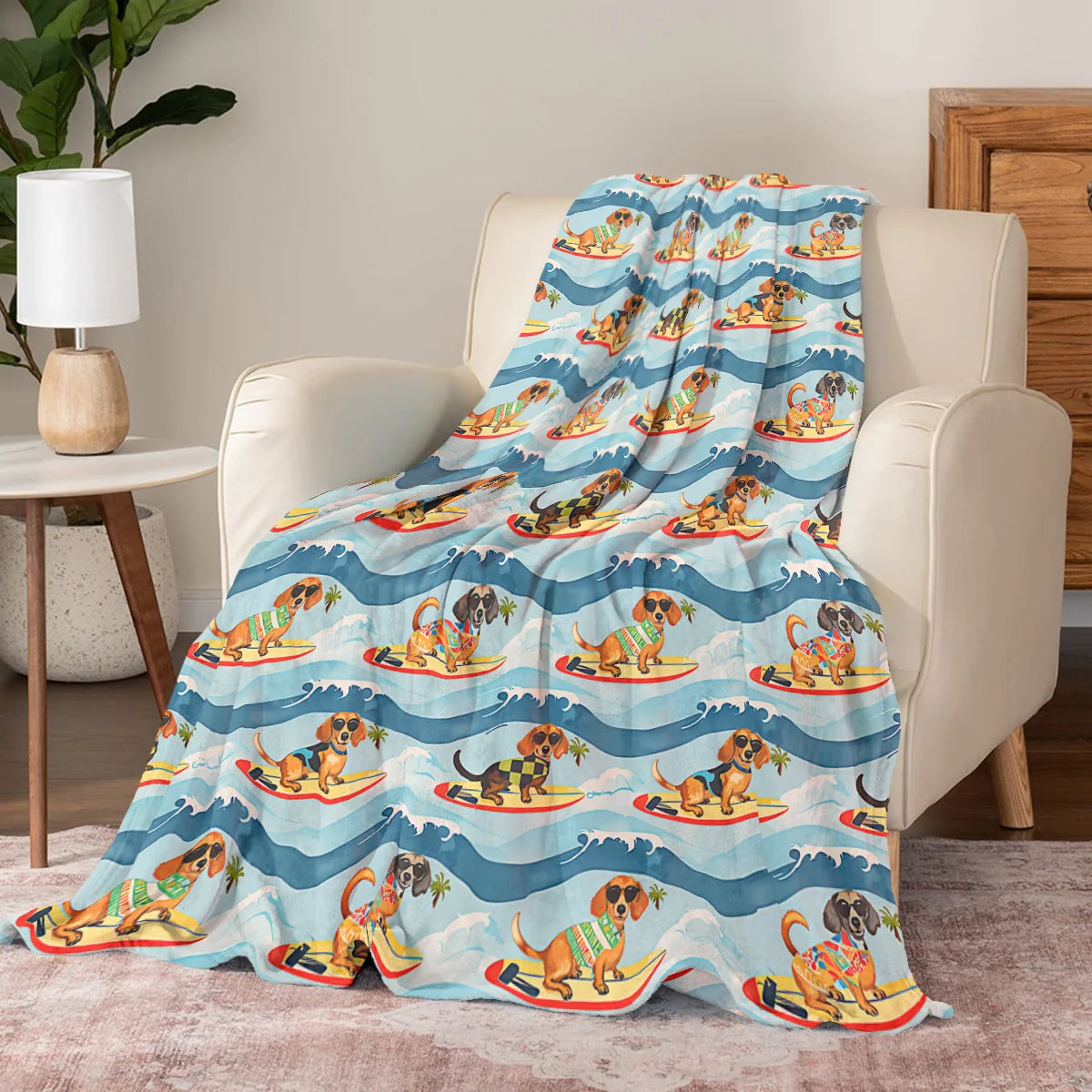 Dachshine Fleece Blanket Dachshund Surfing