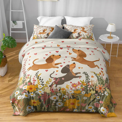 Pajabear 3 Pieces Duvet Cover Set - Floral Dachshund With Heart