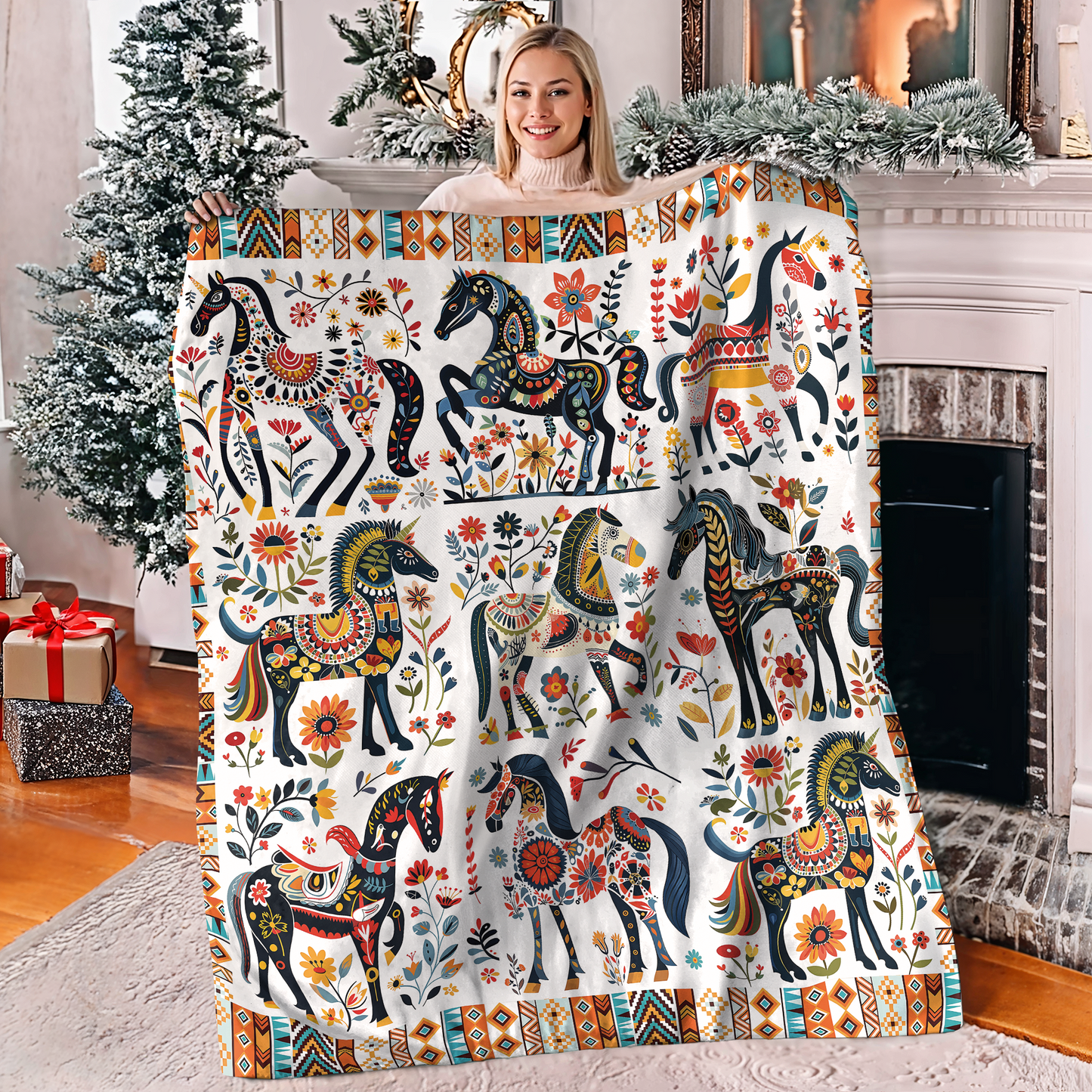 Pajabear Fleece Blanket Horse Floral Pattern