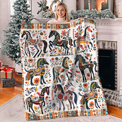 Pajabear Fleece Blanket Horse Floral Pattern