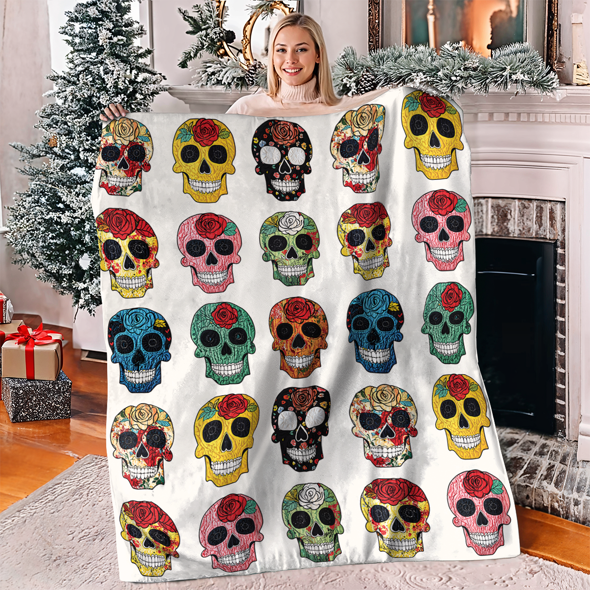 Pajabear Fleece Blanket Colorful Sugar Skull Roses