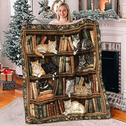 Pajabear Fleece Blanket Book Nook Cats Reading