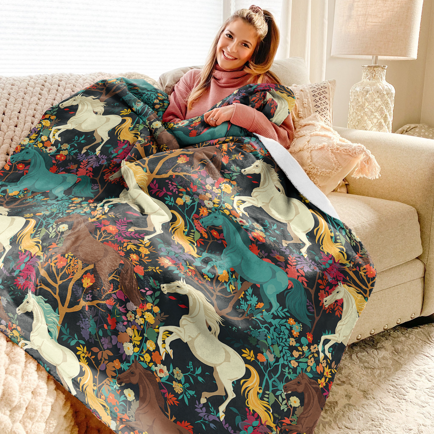 Pajabear Fleece Blanket Horse Flower