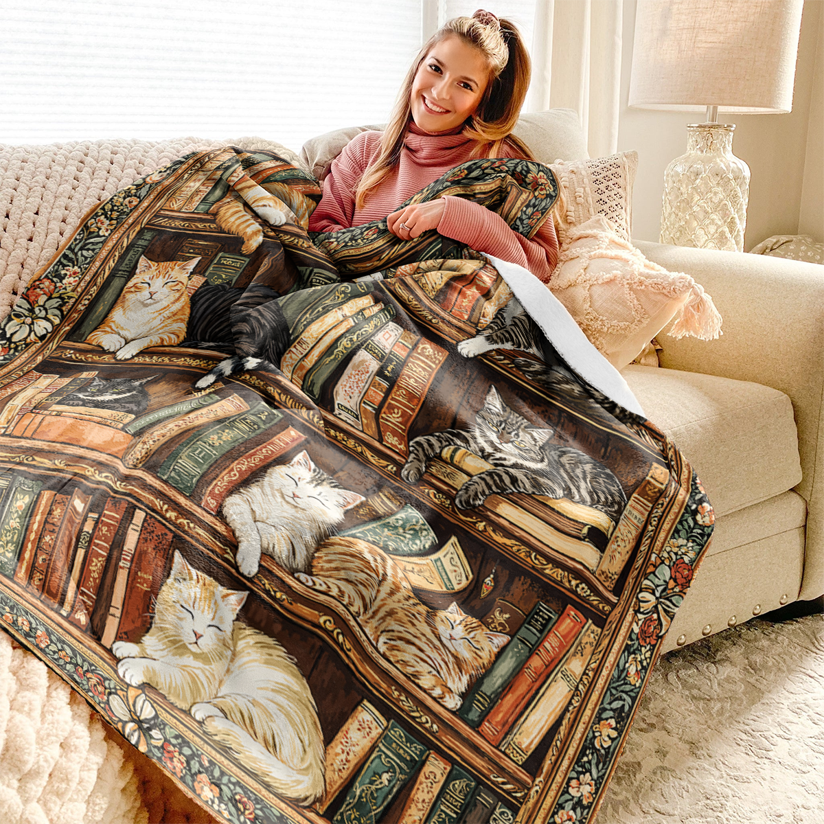 Pajabear Fleece Blanket Book Nook Cats Reading