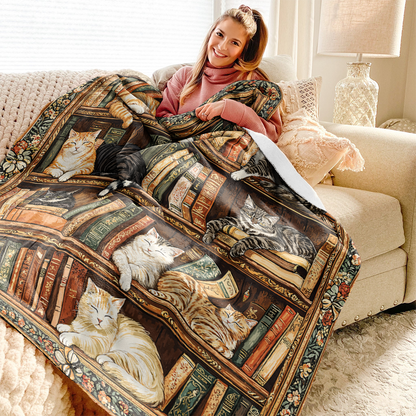 Pajabear Fleece Blanket Book Nook Cats Reading