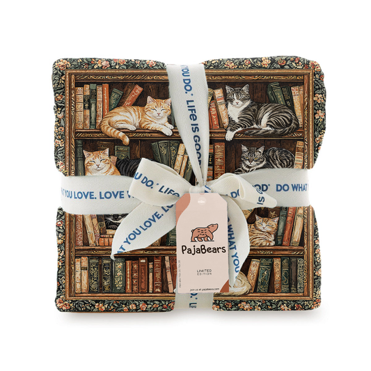 Pajabear Fleece Blanket Book Nook Cats Reading