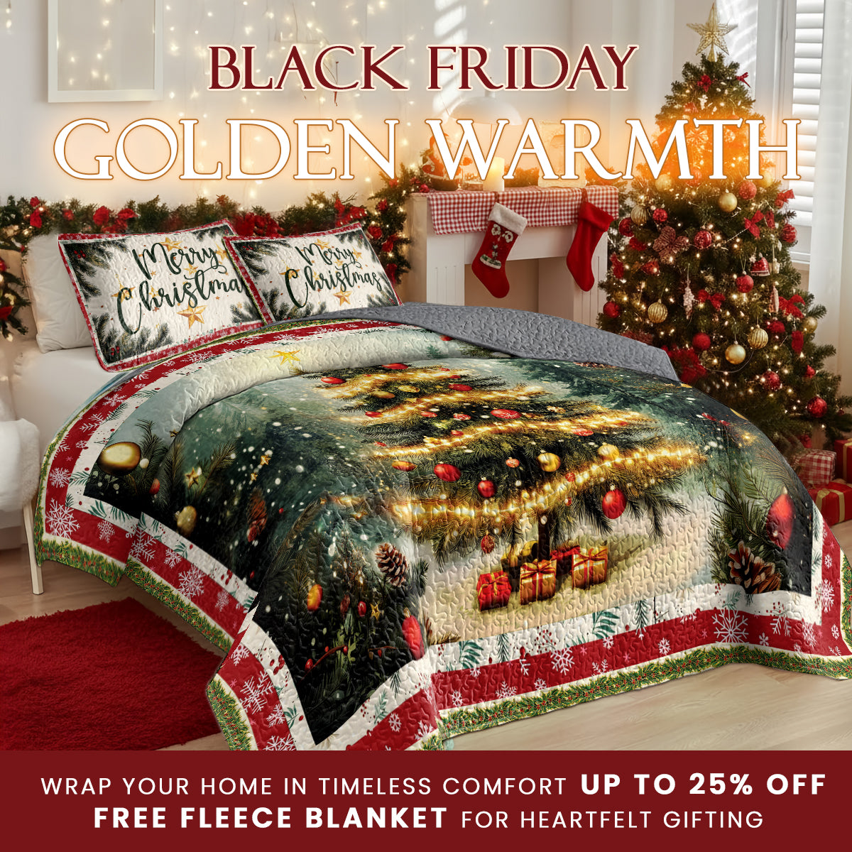 Pajabear Quilt 3-Piece Set Golden Glow Christmas Tree
