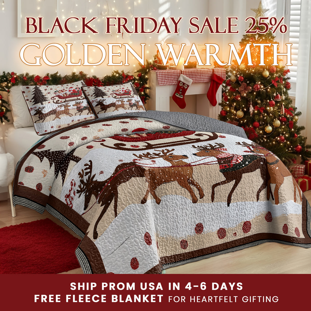 Pajabear Quilt 3-Piece Set Cozy Santa Claus With Reindeer Pulling His Sleigh Full Of Gifts