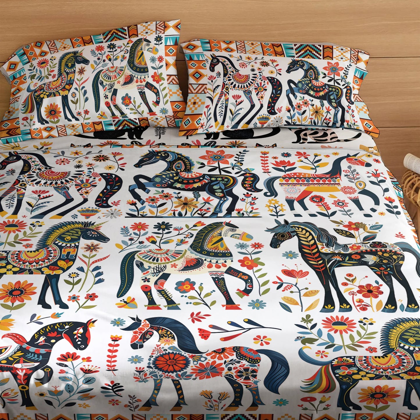 Pajabear 4-Piece Bed Sheet Set Horse Floral Pattern