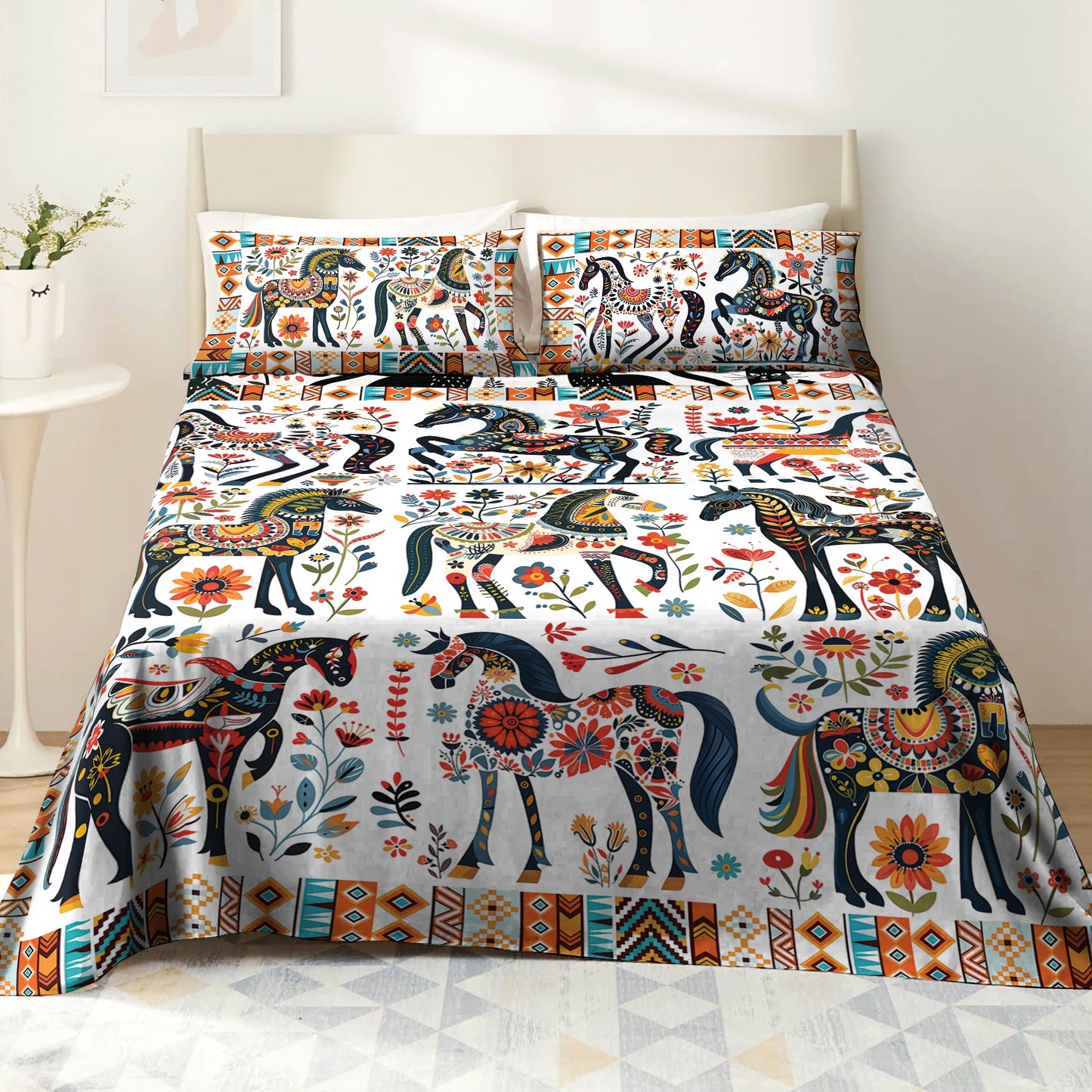 Pajabear 4-Piece Bed Sheet Set Horse Floral Pattern