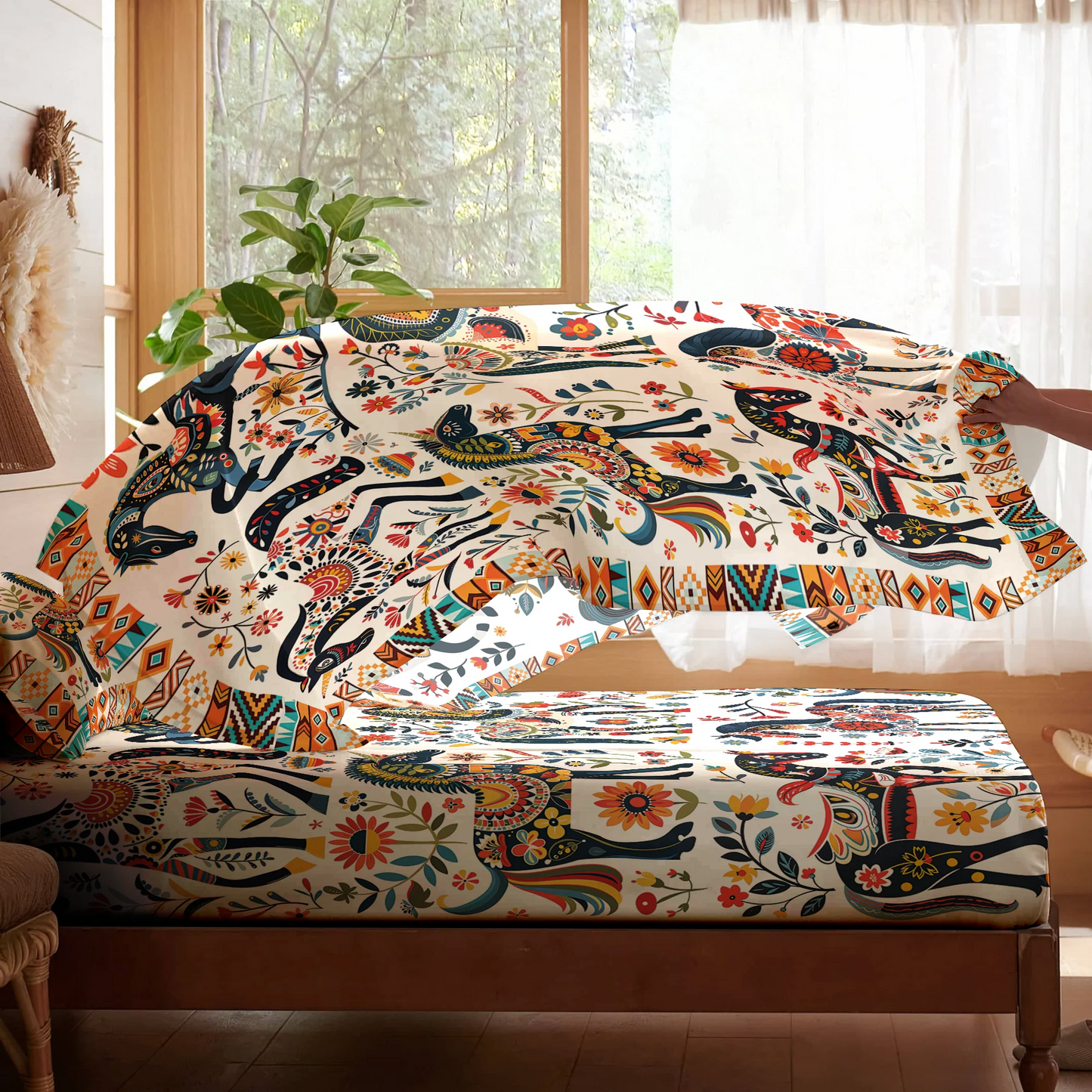 Pajabear 4-Piece Bed Sheet Set Horse Floral Pattern