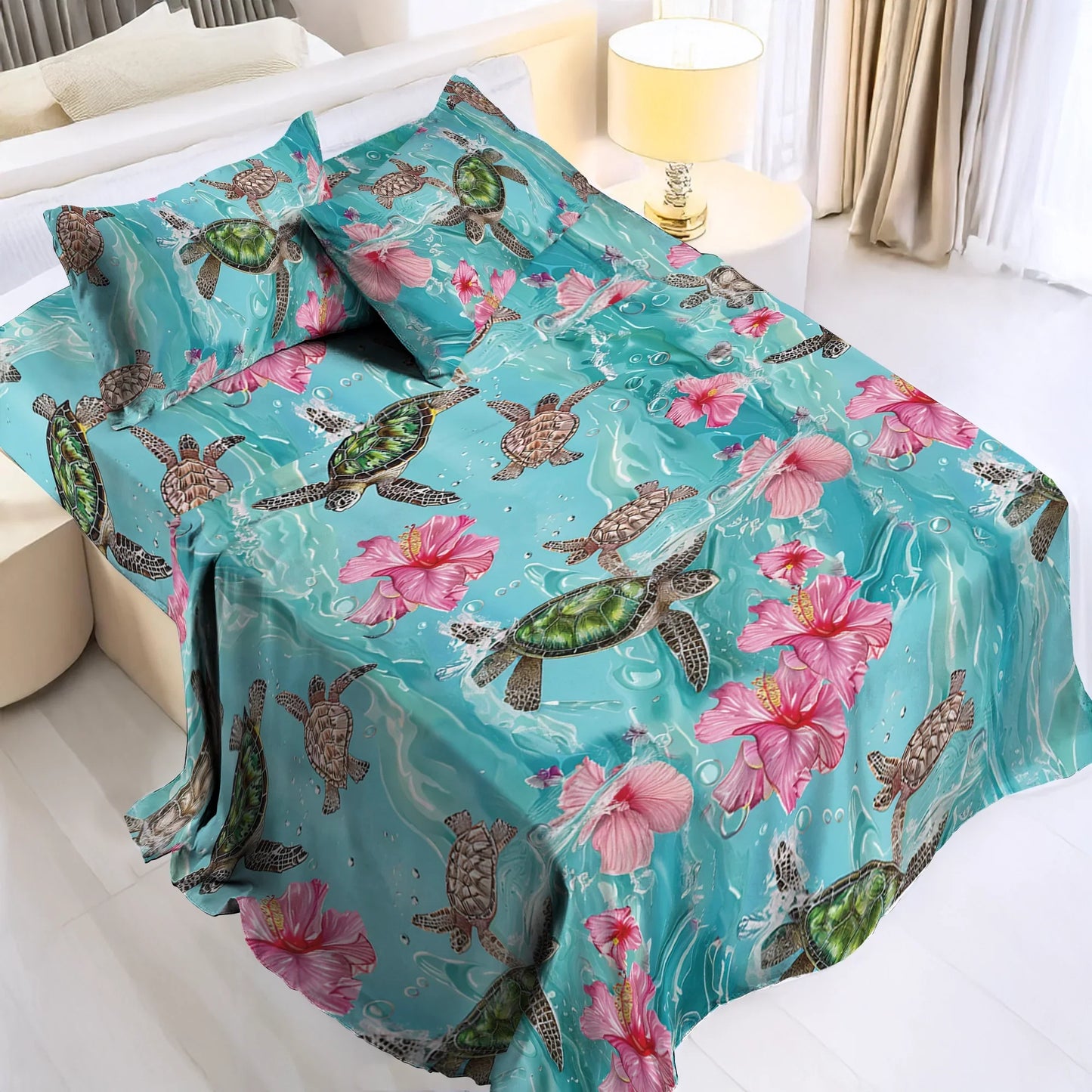 Pajabear 4-Piece Bed Sheet Set - Sea Turtle Hibiscus