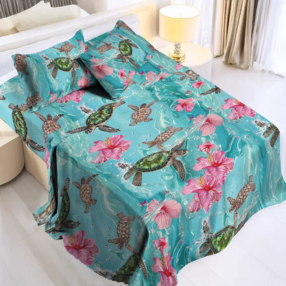Pajabear 4-Piece Bed Sheet Set - Sea Turtle Hibiscus