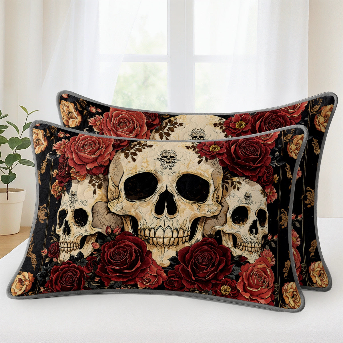 Pajabear Quilt 3-Piece Set Gothic Night Rose Skulls