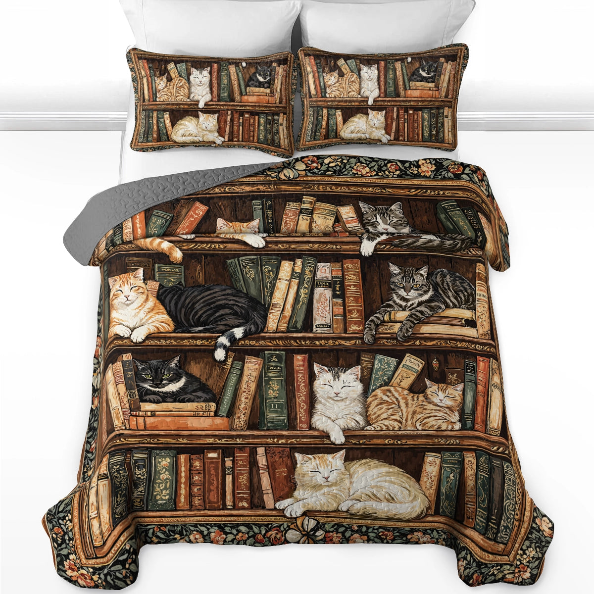 Pajabear Quilt 3-Piece Set Book Nook Cats Reading