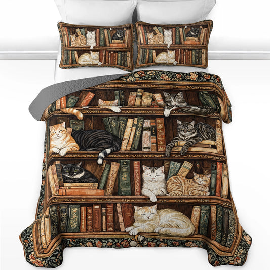 Pajabear Quilt 3-Piece Set Book Nook Cats Reading