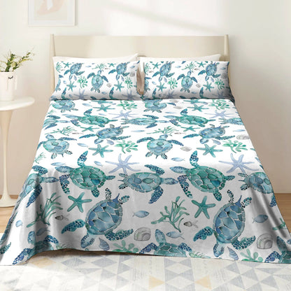 Pajabear 4-Piece Bed Sheet Set - Sea Turtle Blue Flow