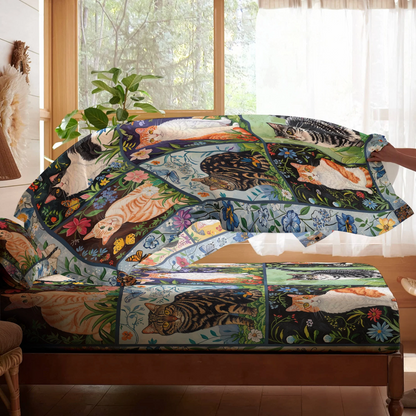 Pajabear 4-Piece Bed Sheet Set Floral Felines