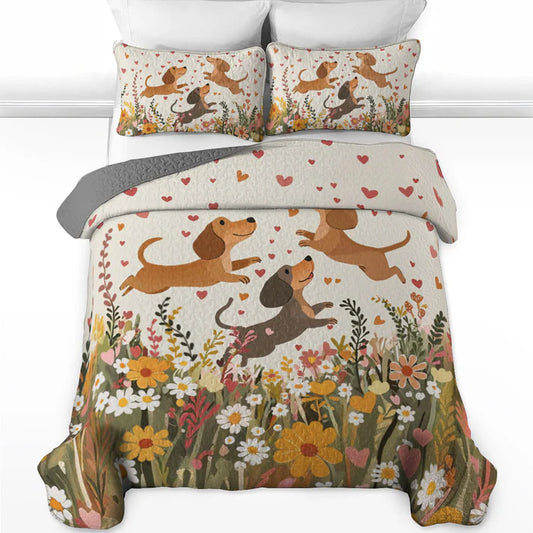 Pajabear Quilt 3-Piece Set Floral Dachshund With Heart