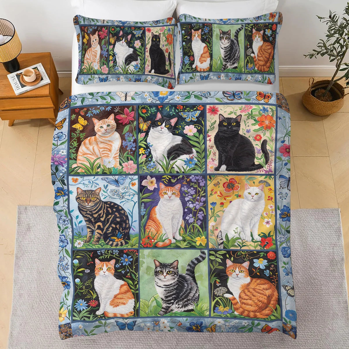 Pajabear 3 Pieces Duvet Cover Set Cat Floral Felines