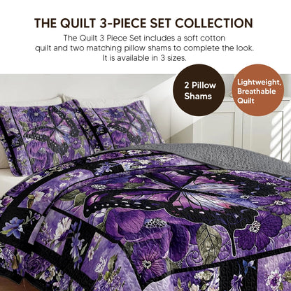 Pajabear Quilt 3-Piece Set Gorgeous Purple Butterfly Flowers
