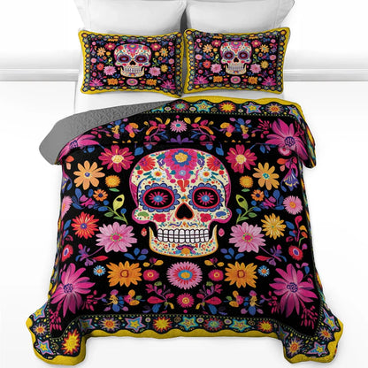 Pajabear Quilt 3-Piece Set Vibrant Skull Floral