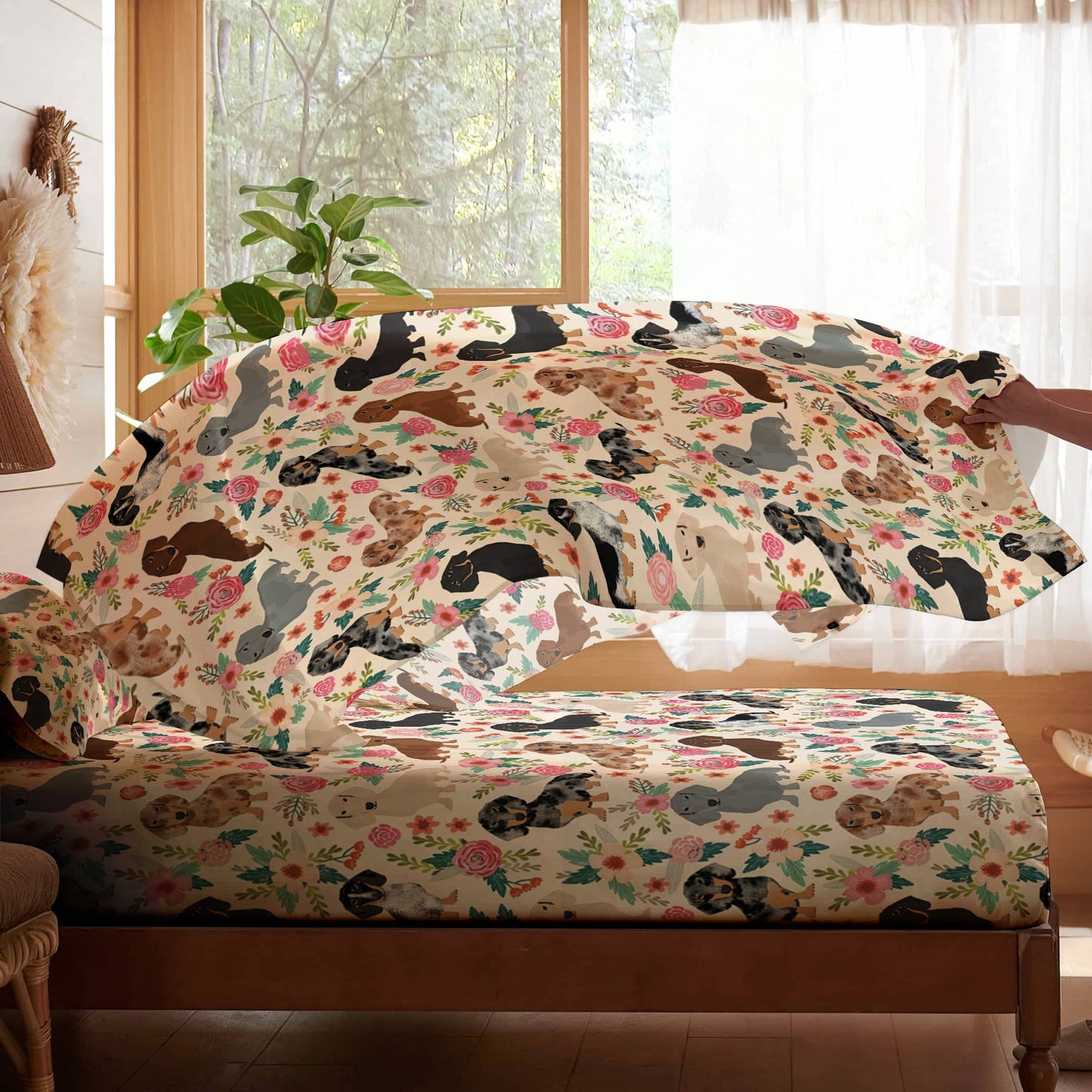 Pajabear 4-Piece Bed Sheet Set Floral Dachshunds