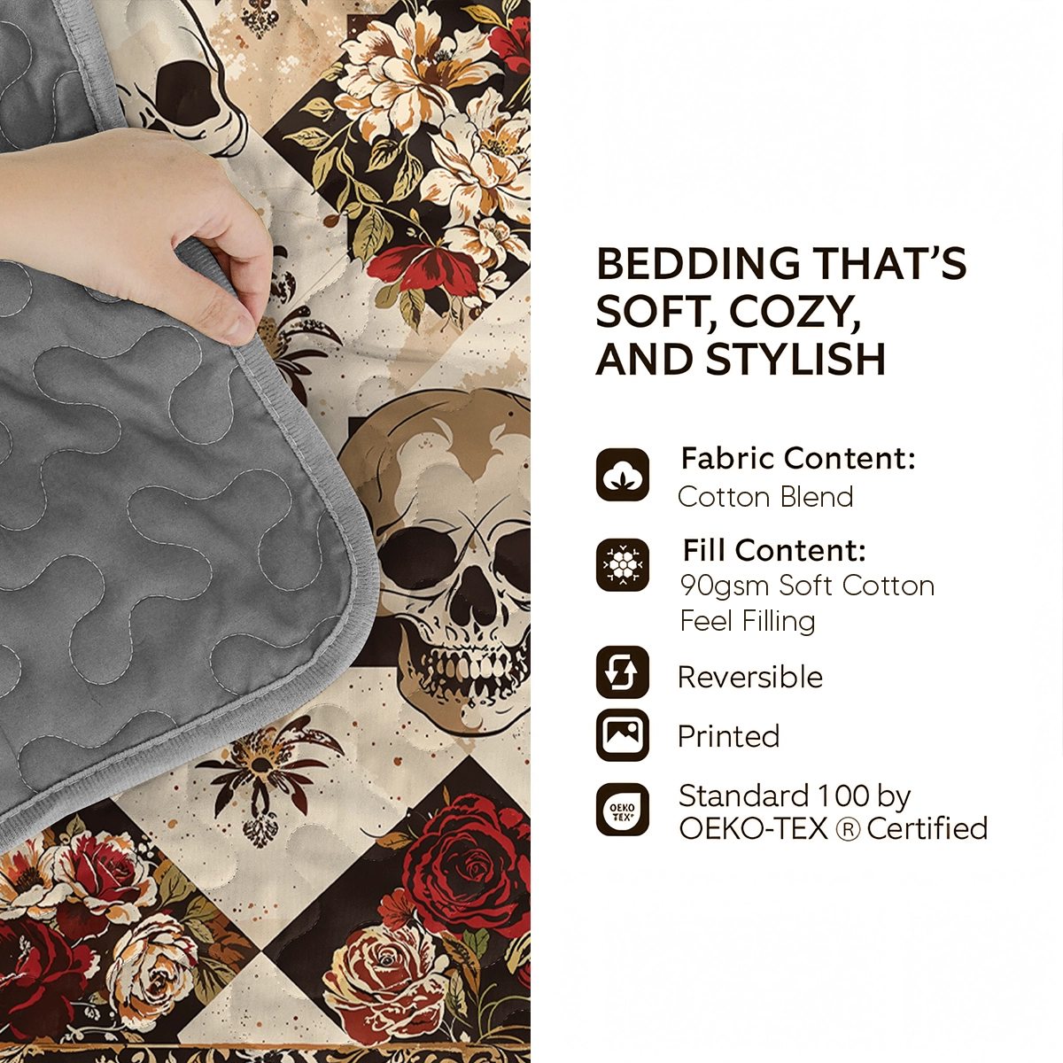 Pajabear Quilt 3-Piece Set Elegent Skull Roses