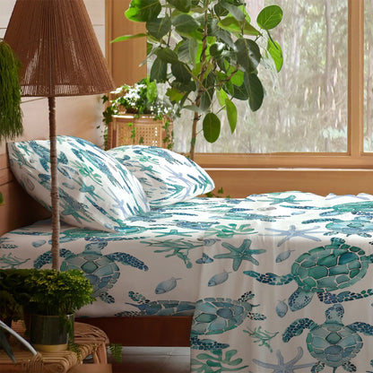 Pajabear 4-Piece Bed Sheet Set - Sea Turtle Blue Flow