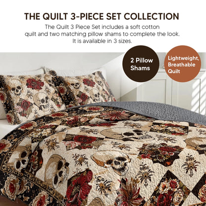 Pajabear Quilt 3-Piece Set Elegent Skull Roses
