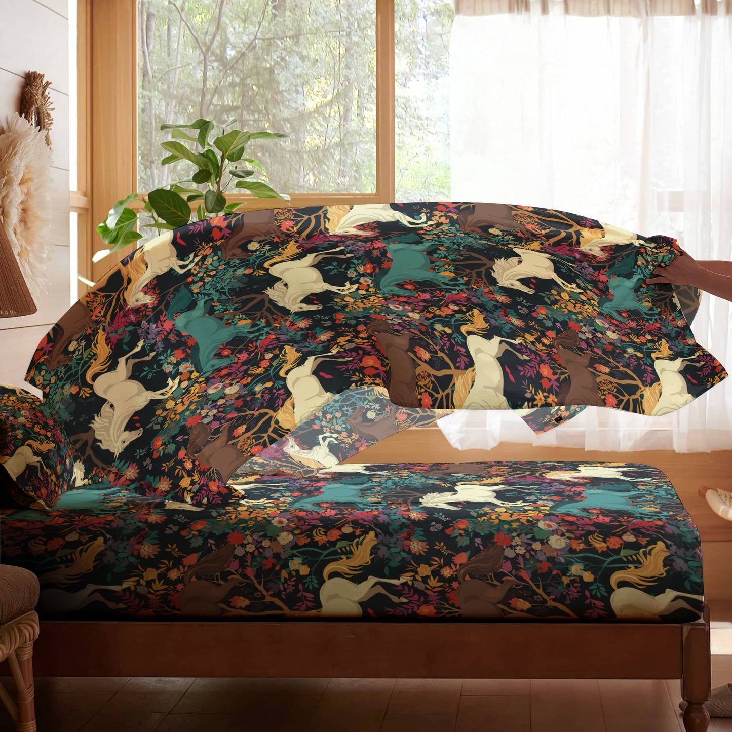 Pajabear 4-Piece Bed Sheet Set Horse Floral