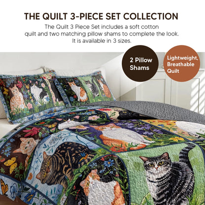 Pajabear Quilt 3-Piece Set Cat Floral Felines